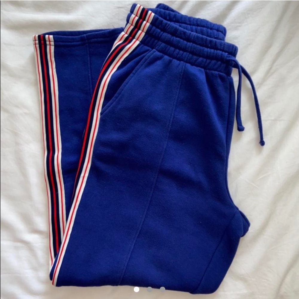 Blue aritzia sweats with stripes going down the side